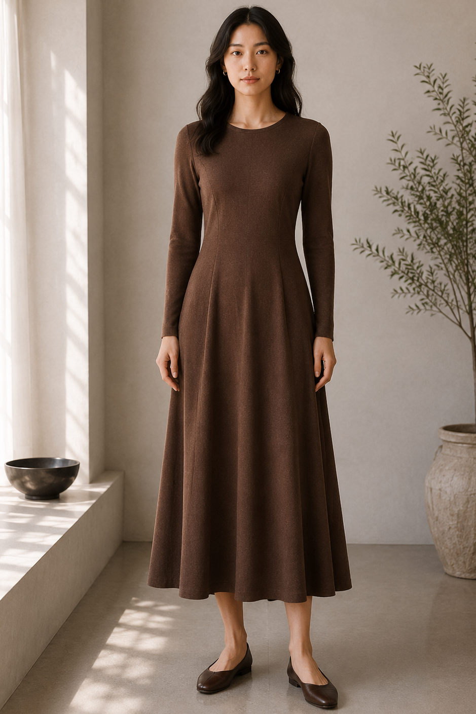 A woman stands indoors wearing a long-sleeve, knee-length brown dress with a fitted waist and flared skirt, paired with dark brown flats. The room has warm neutral walls, sunlight streaming in from a window, and a potted plant in the background.