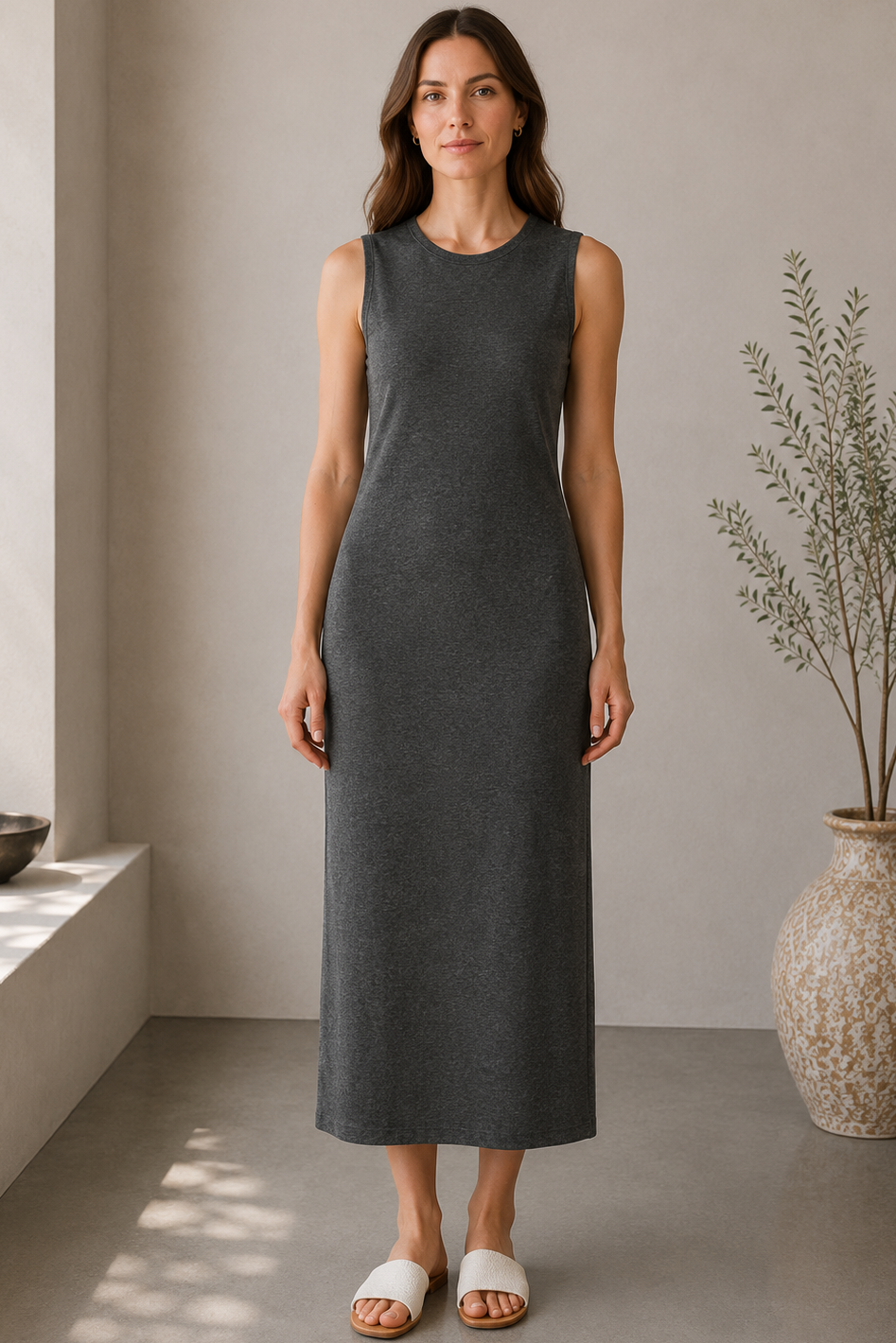 A woman stands indoors wearing a sleeveless, knee-length dark gray knit dress and white slide sandals. The room has a warm neutral wall, a concrete floor, a window ledge with soft light, and a large textured vase with dried branches on the right.