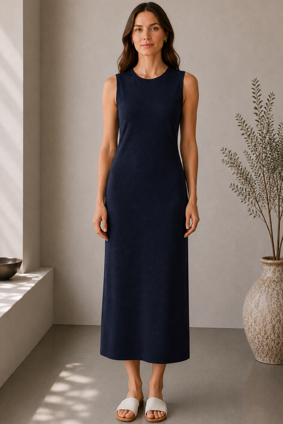 A woman stands indoors wearing a sleeveless navy midi dress with a round neckline and white slide sandals. The room has a warm neutral wall, soft window shadows, and a large textured vase with dried branches on the right.