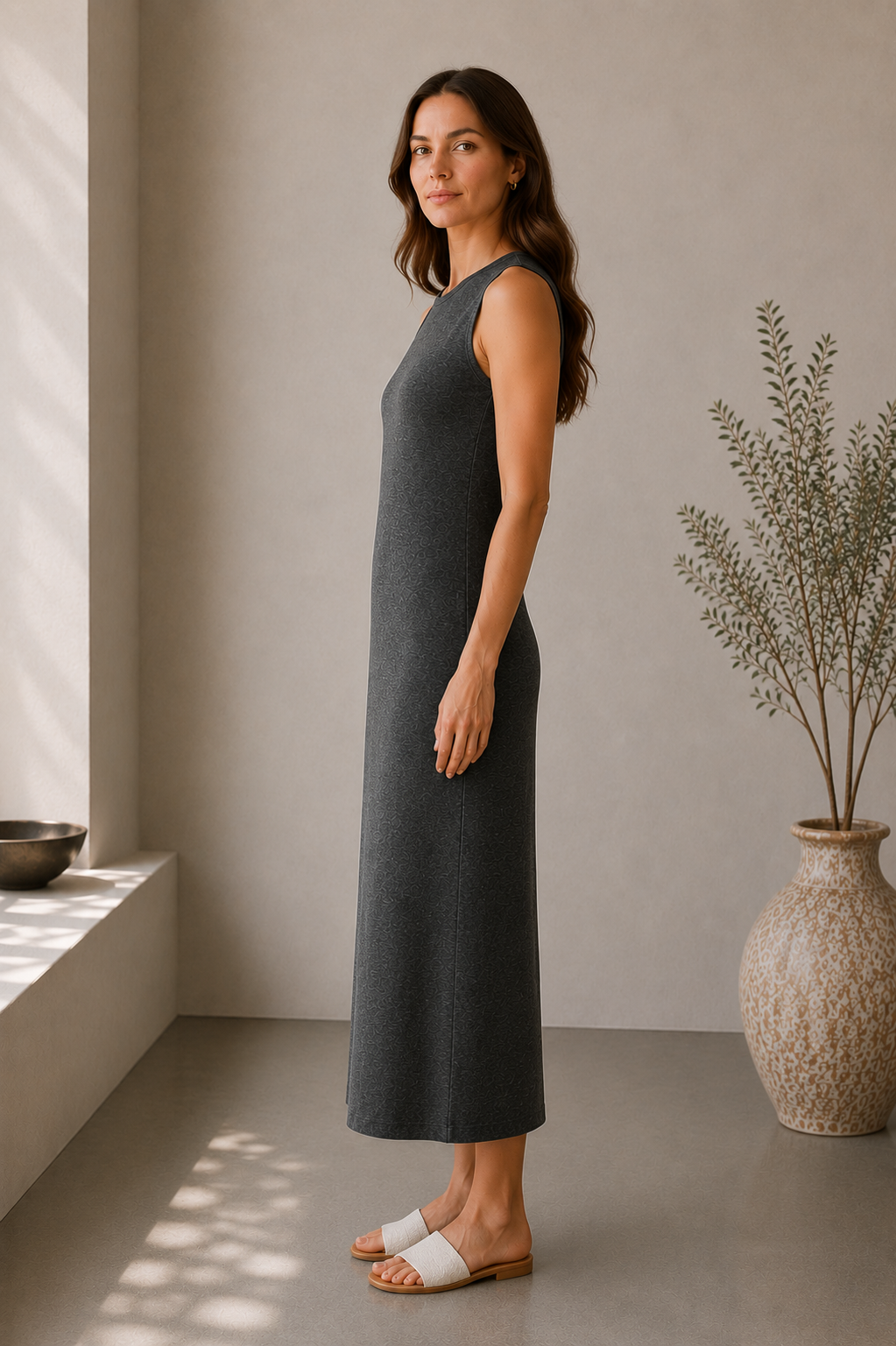 A woman wearing a sleeveless dark gray midi dress stands in profile in a minimalist interior with a textured beige wall, a window with soft light, and a large ceramic vase with dried branches.