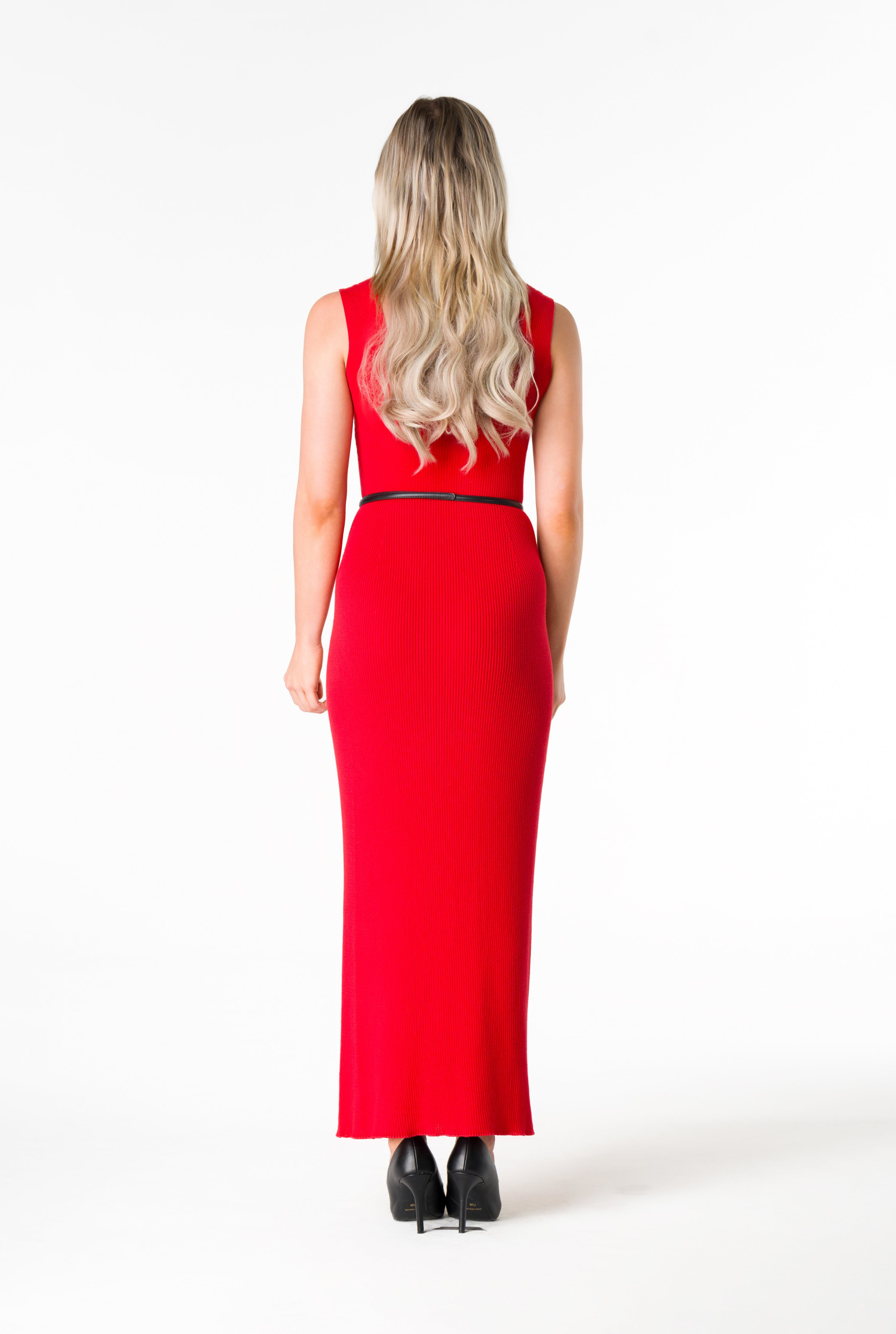 Back of red pima cotton square neck sleeveless maxi dress