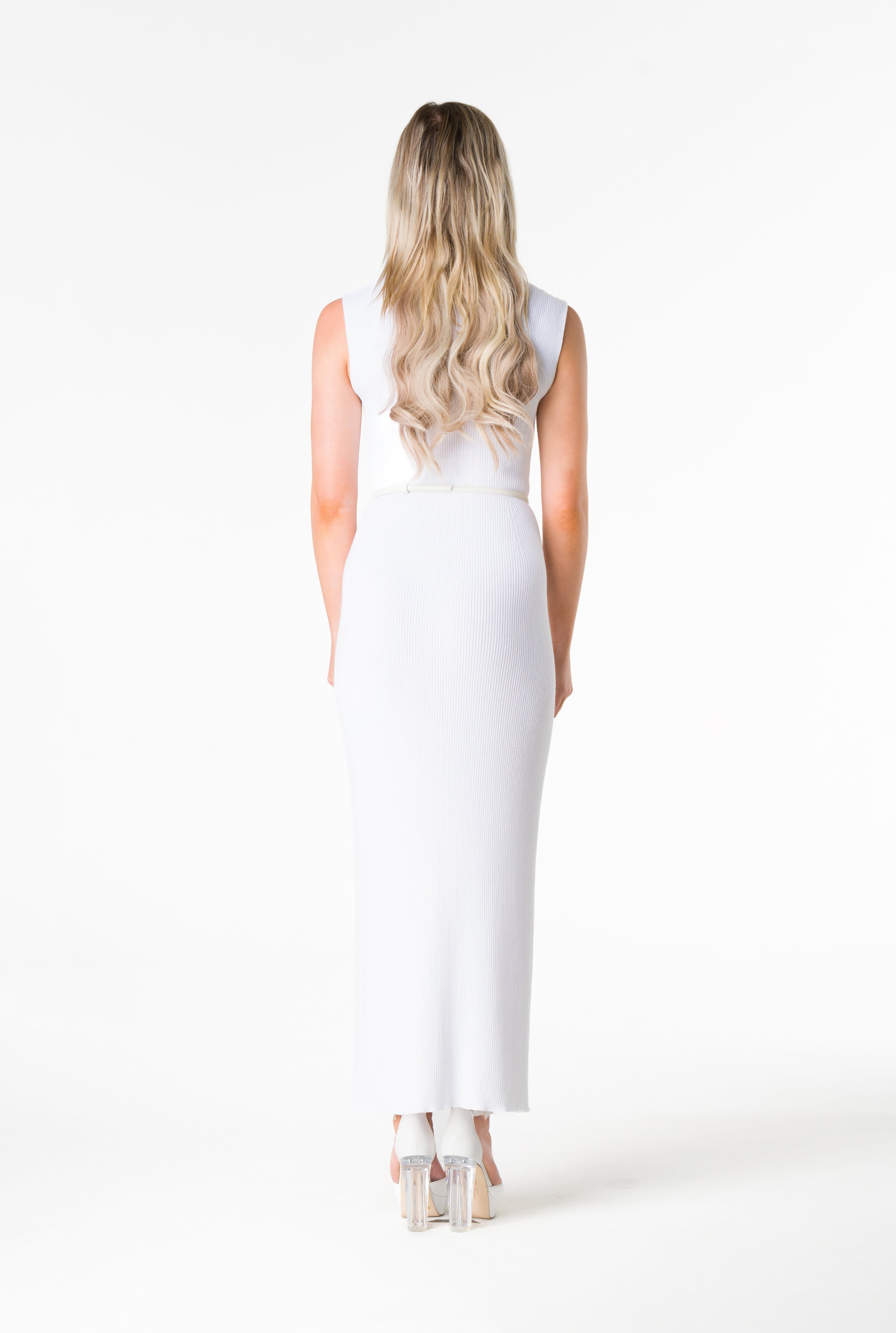 White sleeveless crew neck ribbed maxi dress back